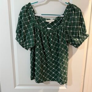 LOFT Green and White Patterned Blouse